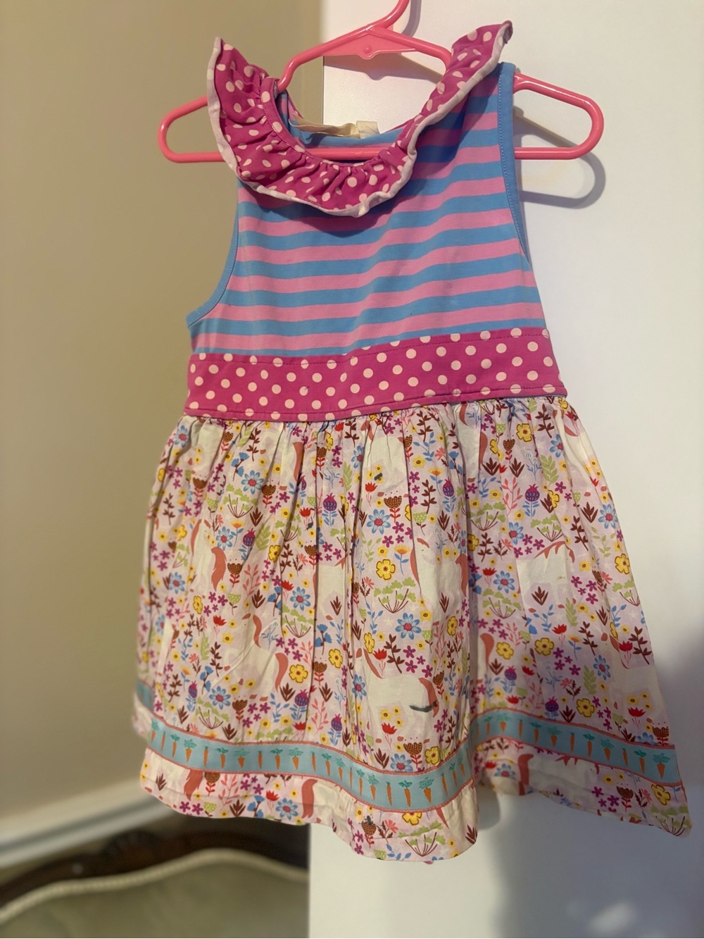Girls Pink & Blue Striped Floral Ruffle Neck top